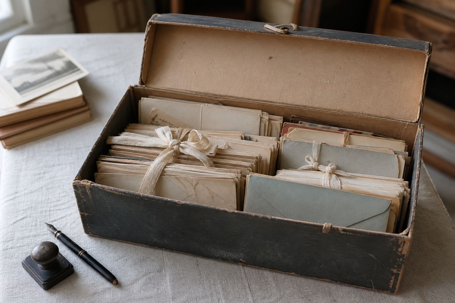 Open archival box filled with tied handwritten letters and envelopes on a worn wooden table