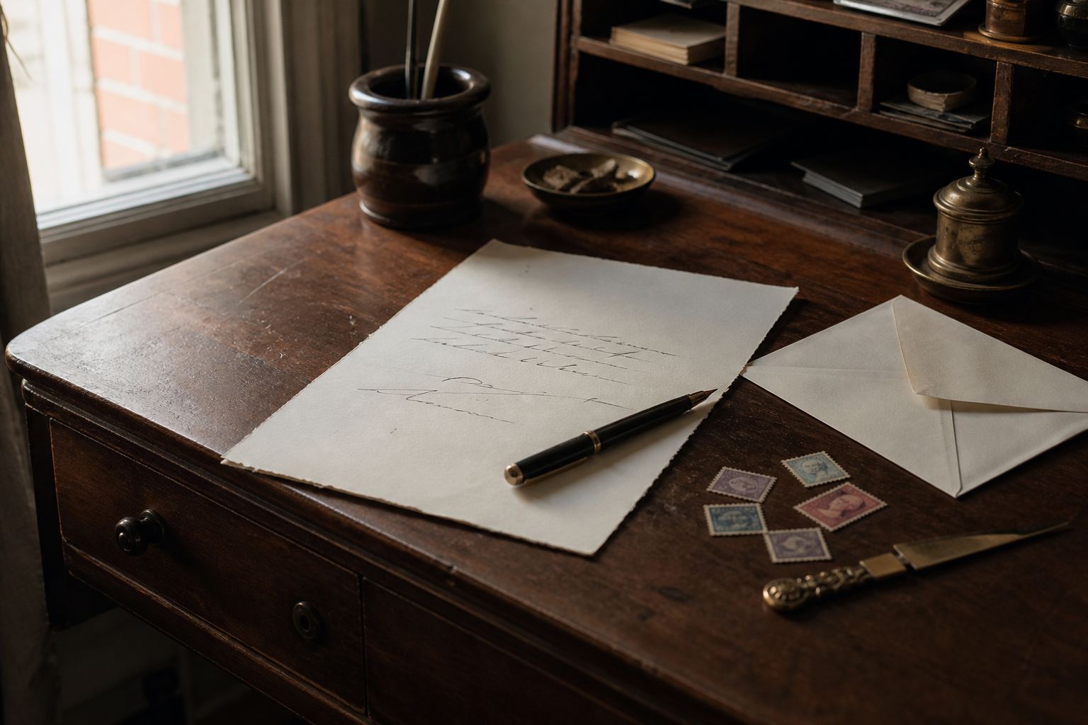 Handwritten letter, fountain pen, envelope and vintage stamps arranged on a quiet wooden writing desk