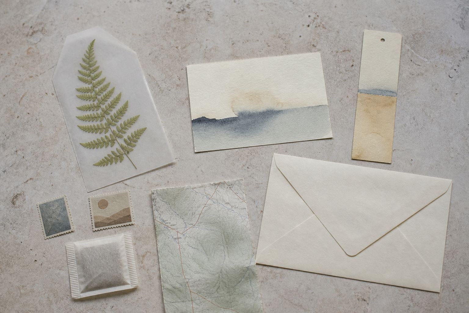 Pressed fern, small watercolour, paper bookmark, stamps, tea sachet and map arranged for a pen-pal letter