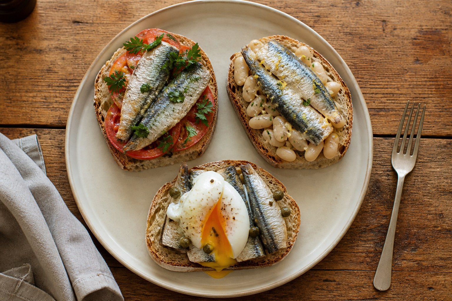 Three distinct sardine breakfast toasts with tomato and parsley, white beans and lemon, and a soft egg with capers