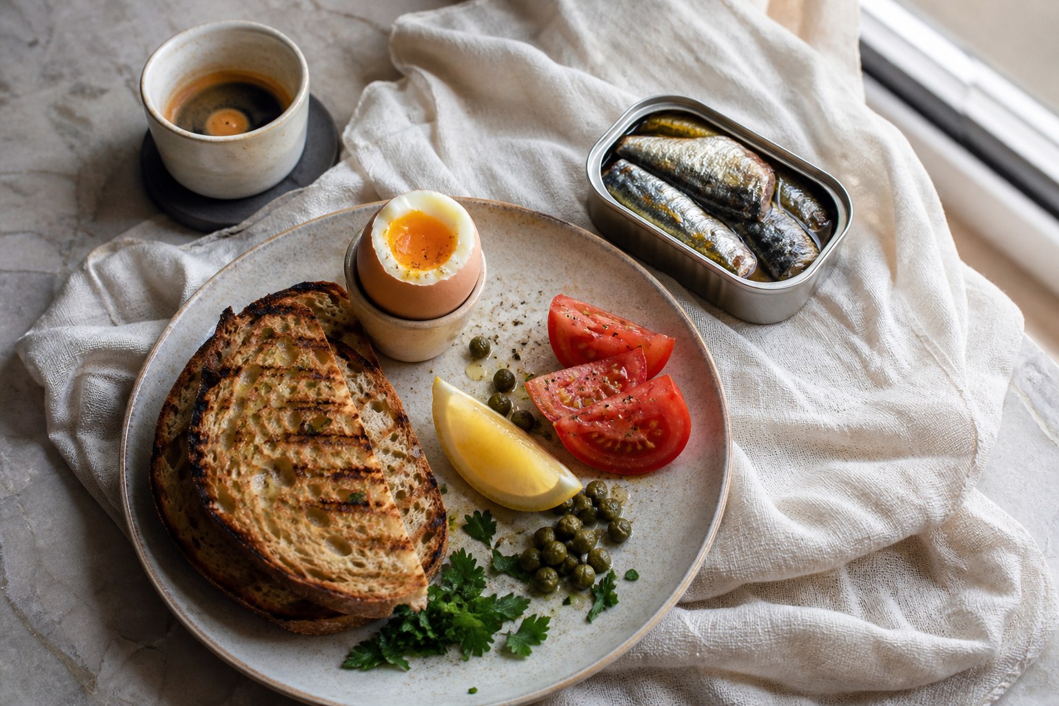 Open tin of sardines with grilled sourdough, a jammy egg, tomato, lemon, capers and espresso on ivory linen