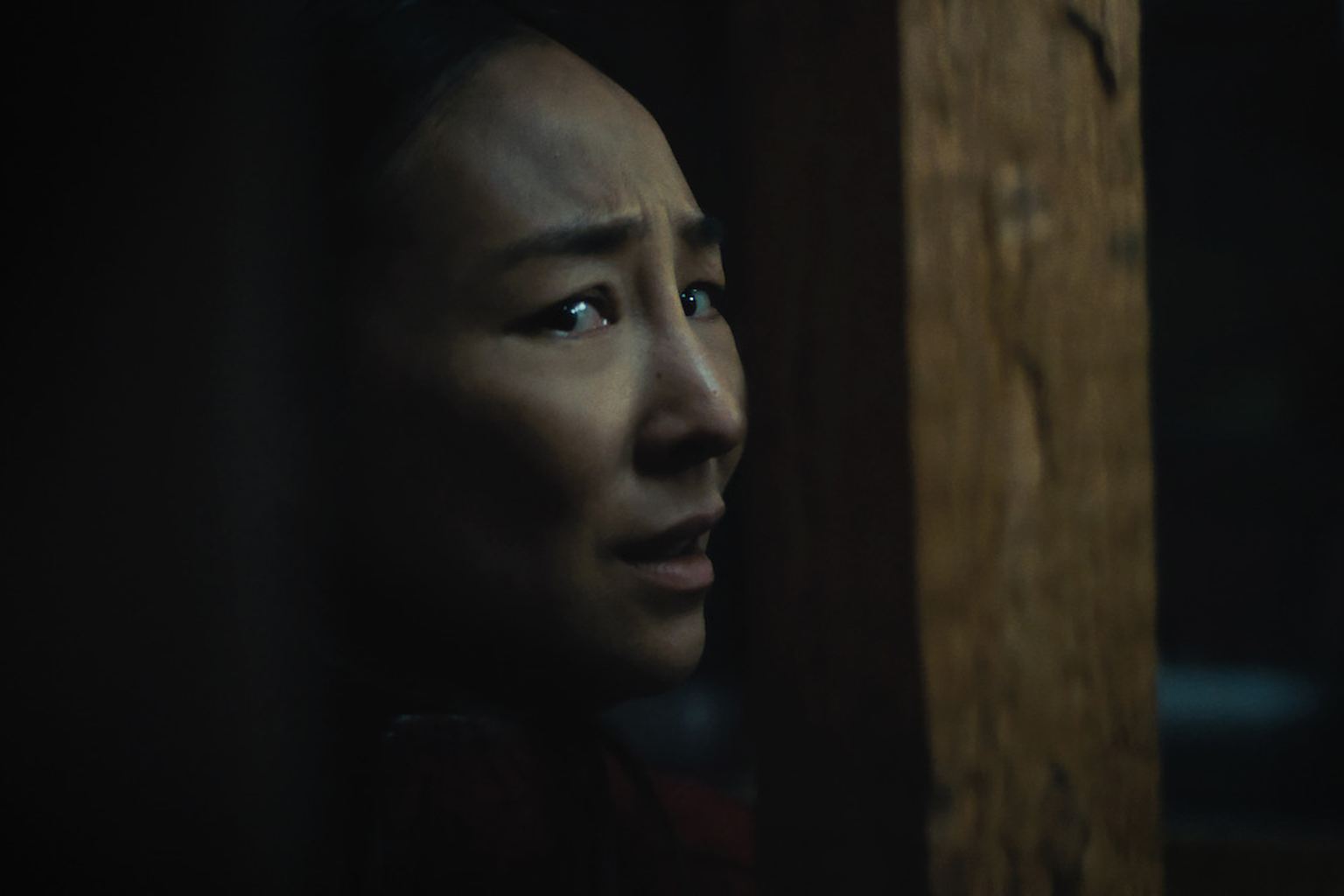 Greta Lee as Ann watches anxiously from inside the darkened house in The Last House