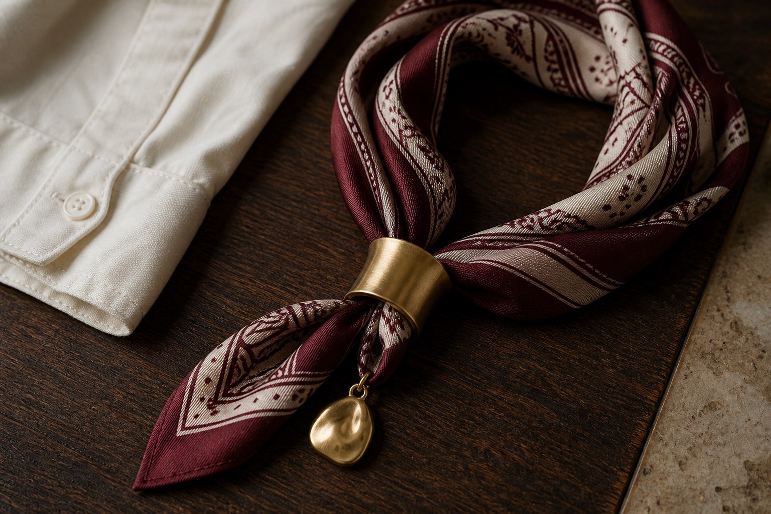 Oxblood and cream silk bandana threaded through a brushed-gold ring and pendant on dark walnut