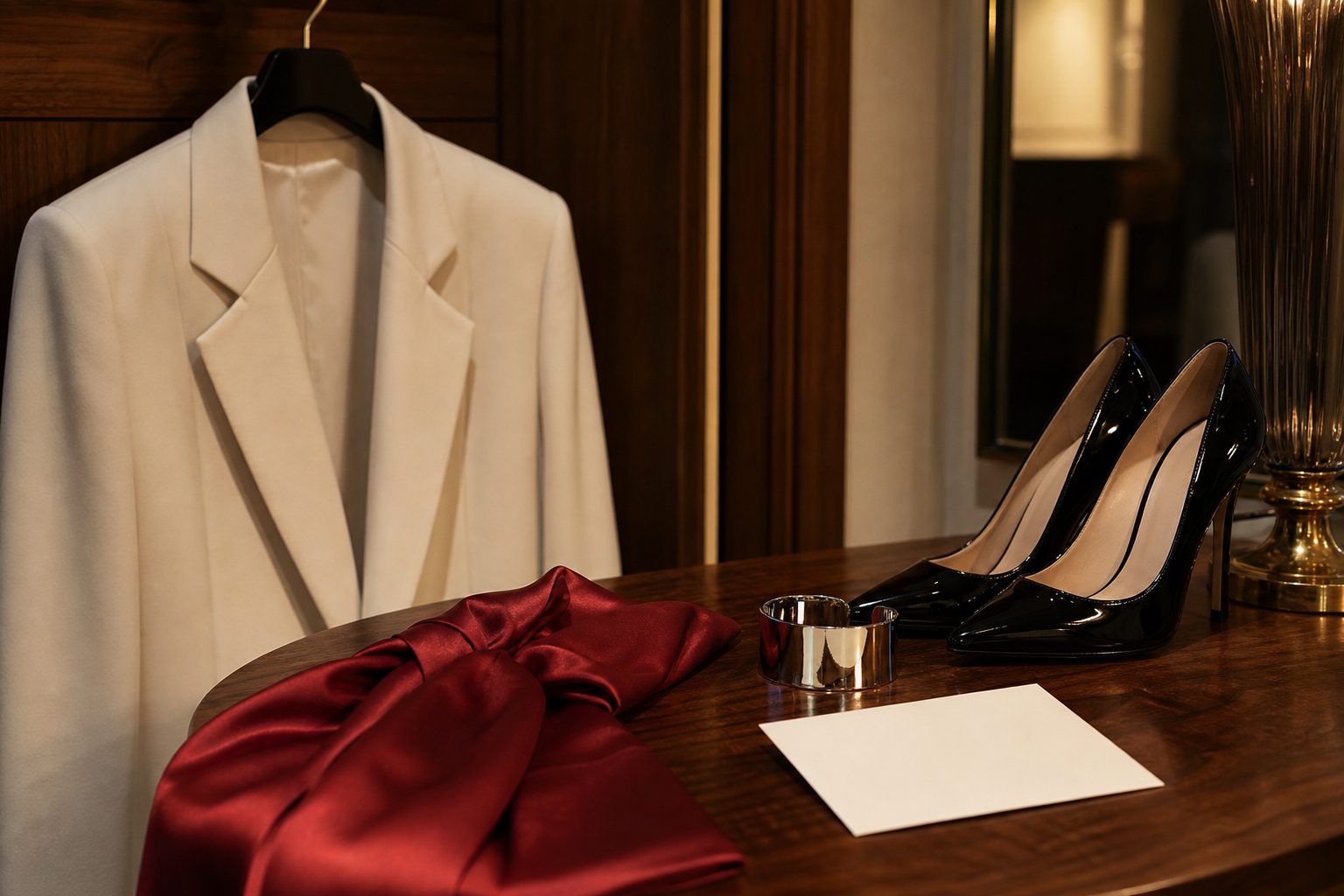 Press-tour tailoring still life with ivory jacket, red satin, black heels and silver cuff