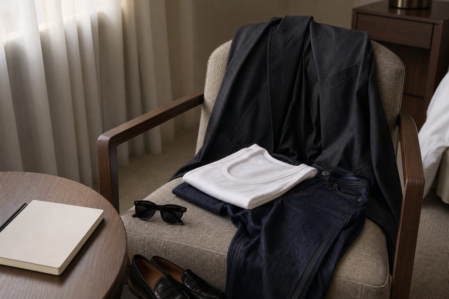 Off-duty style still life with charcoal blazer, white tank, dark denim and loafers