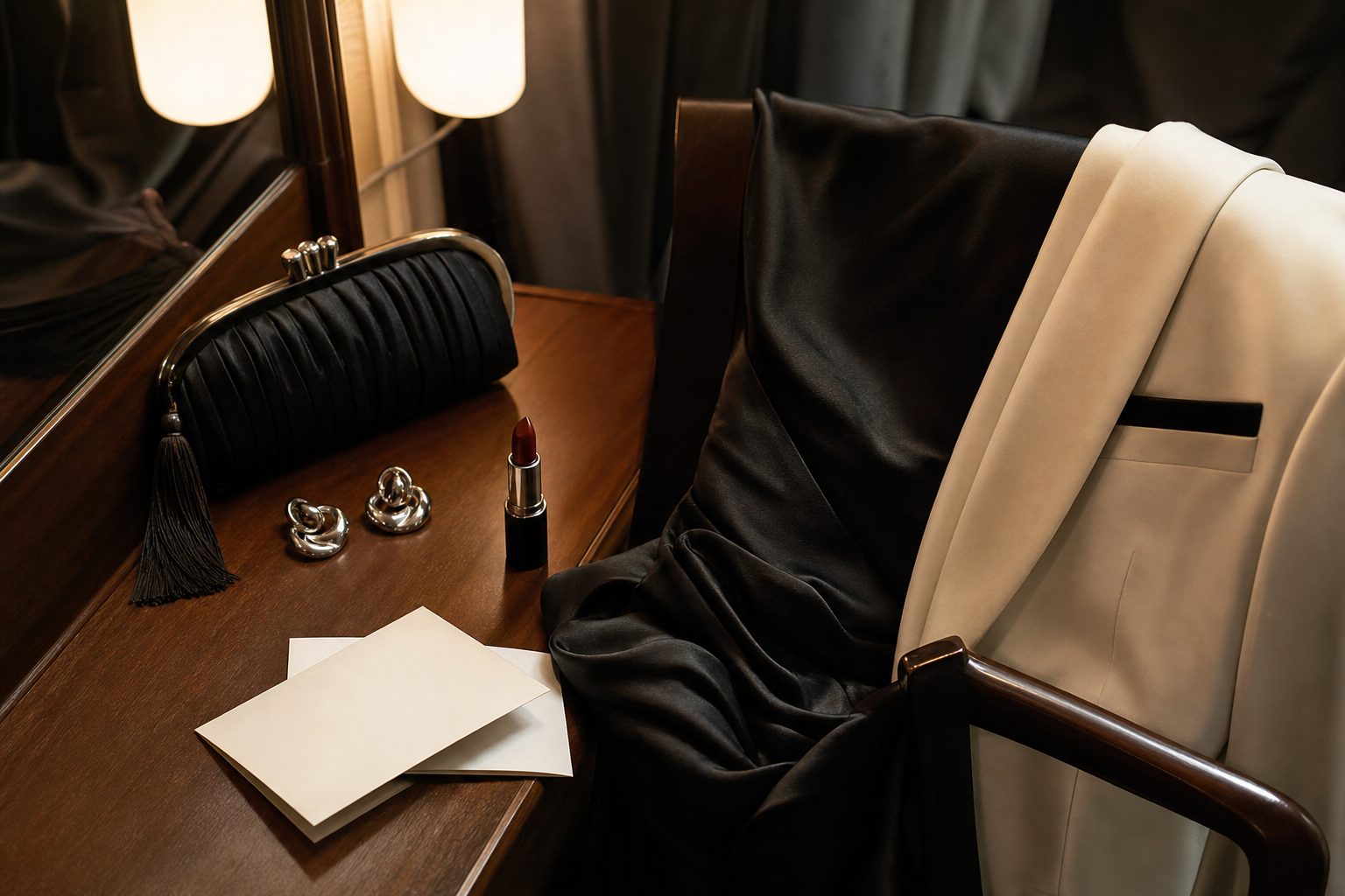 Editorial still life of red carpet inspired satin, tailoring and jewellery with no faces visible