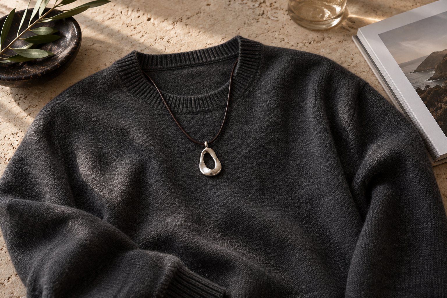 Silver cord pendant placed below the neckline of a charcoal crew-neck sweater