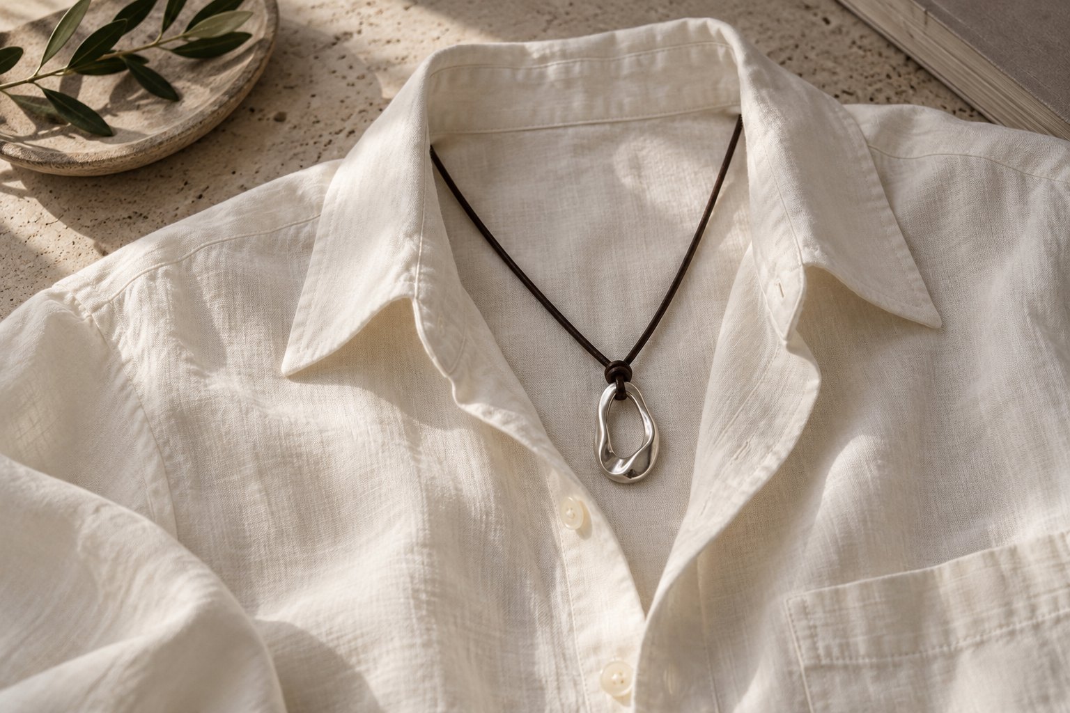 Leather cord and silver pendant arranged inside the open collar of an ivory linen shirt