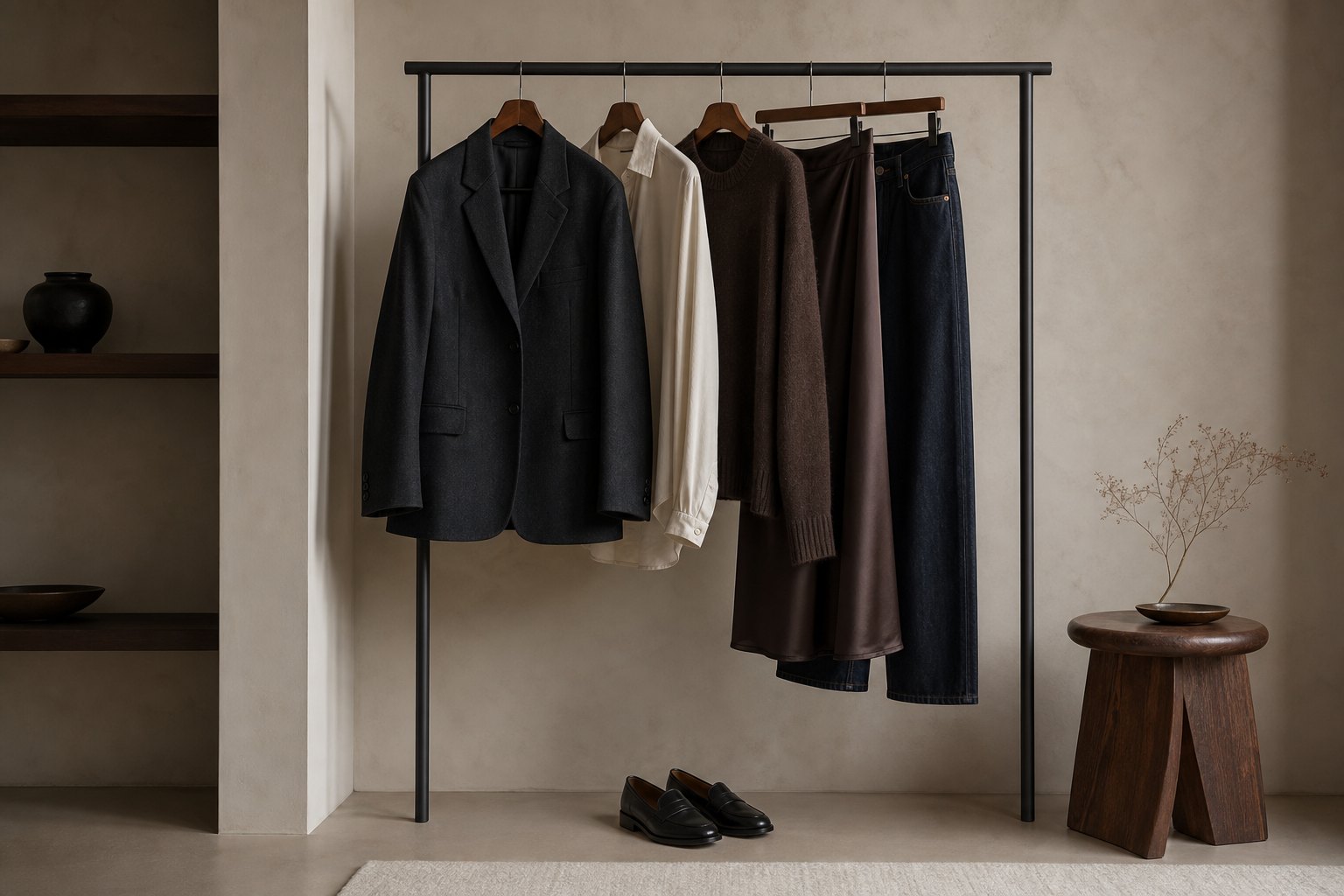 Intentional outfit formula rail with charcoal blazer, ivory shirt, chocolate knit, satin skirt, denim and loafers