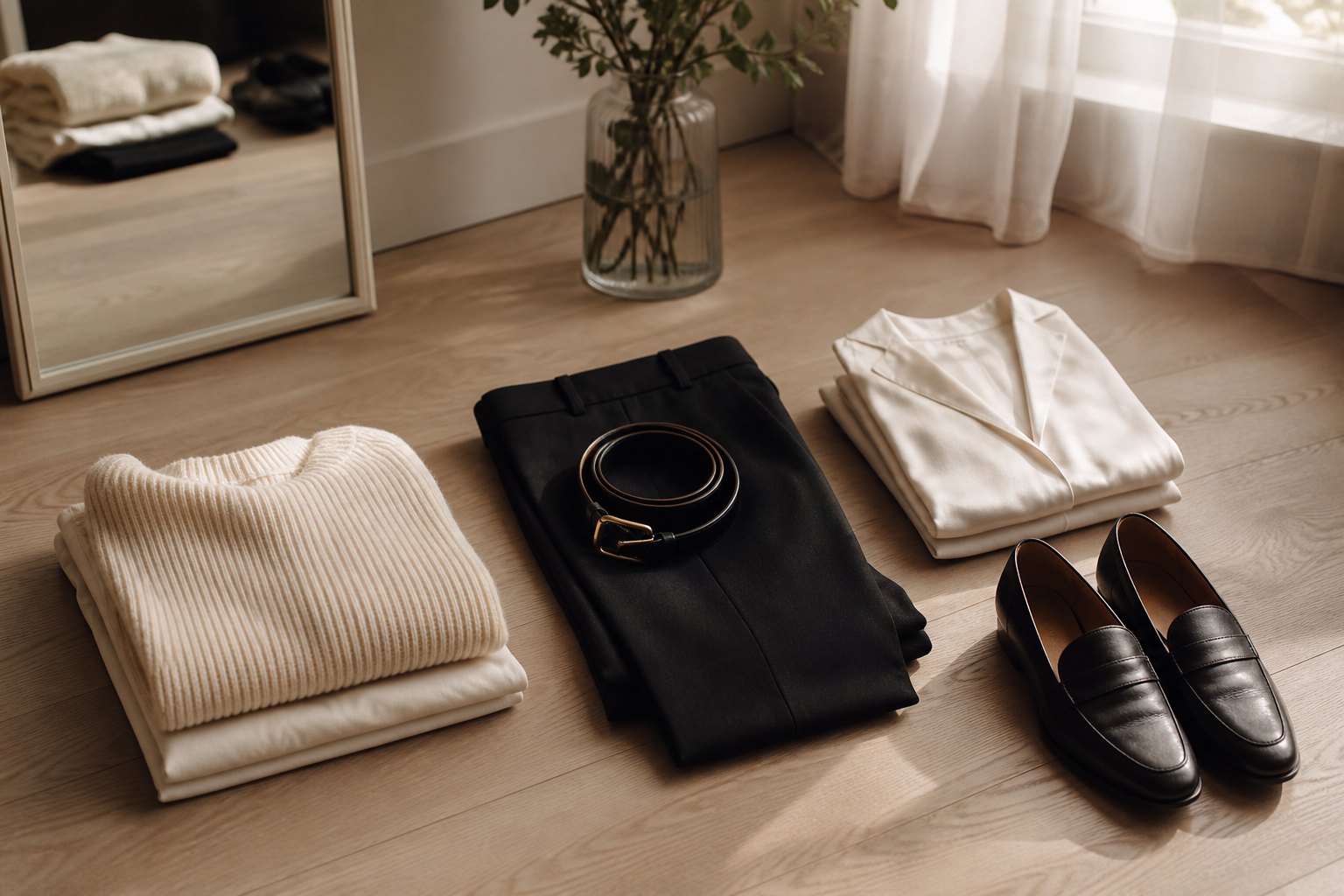 Intentional wardrobe audit with folded cream knit, tailored black trousers, silk blouse, leather belt and loafers