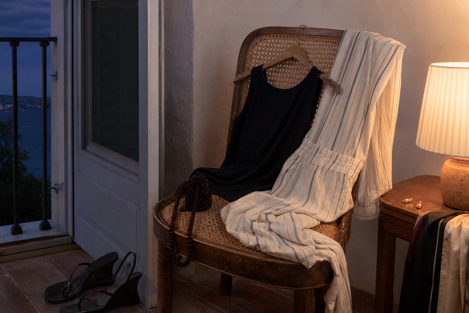 Striped pajama trousers, black knit, beaded bag and wedge sandals in a Mediterranean room at dusk