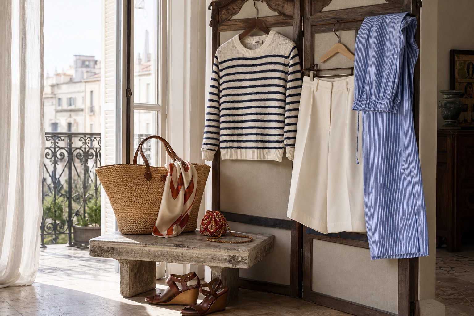 European summer wardrobe with Breton knit, Bermuda shorts, pajama trousers, raffia bag and wedges
