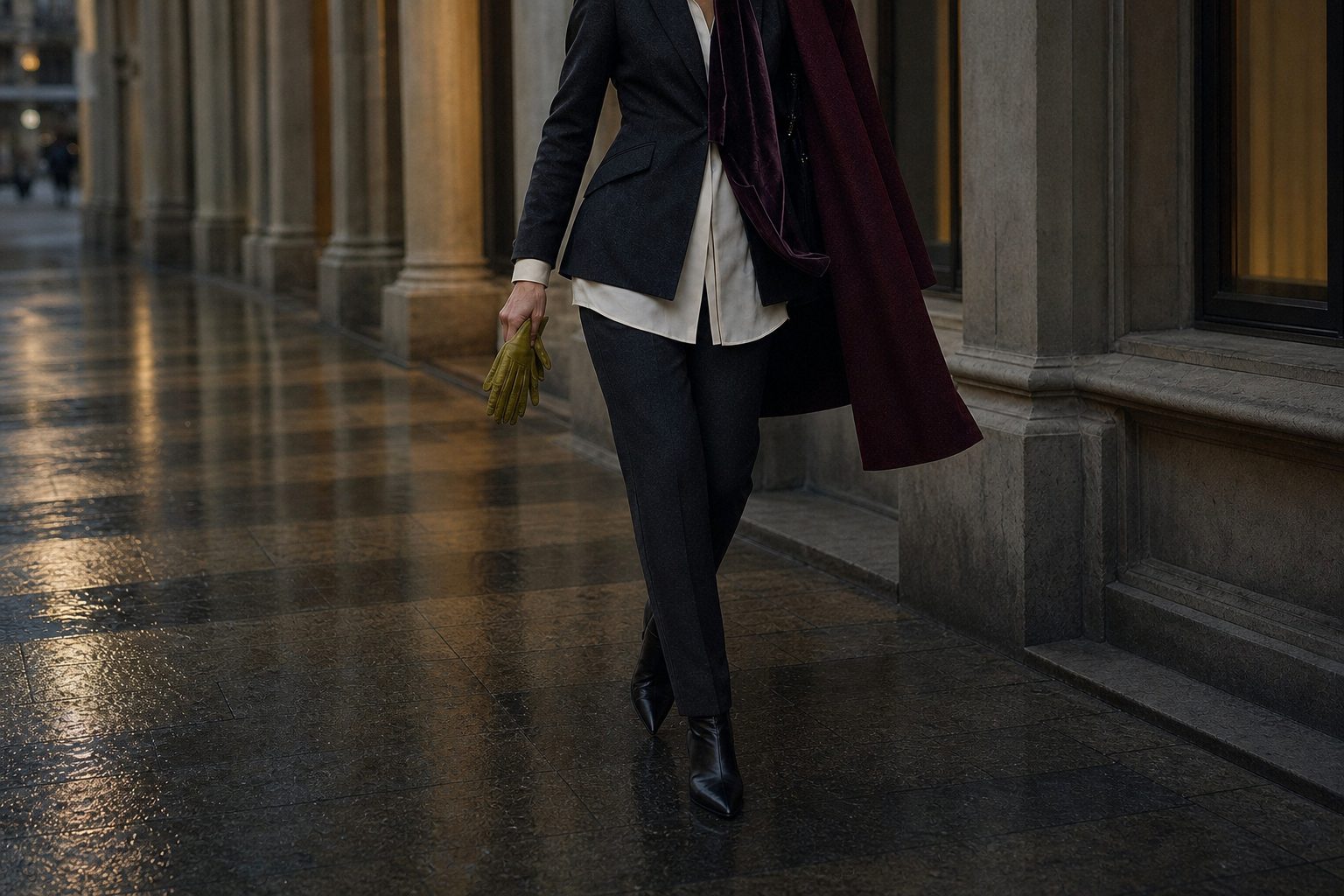 Cropped Fall 2026 tailoring in oxblood, charcoal and cream with no face visible