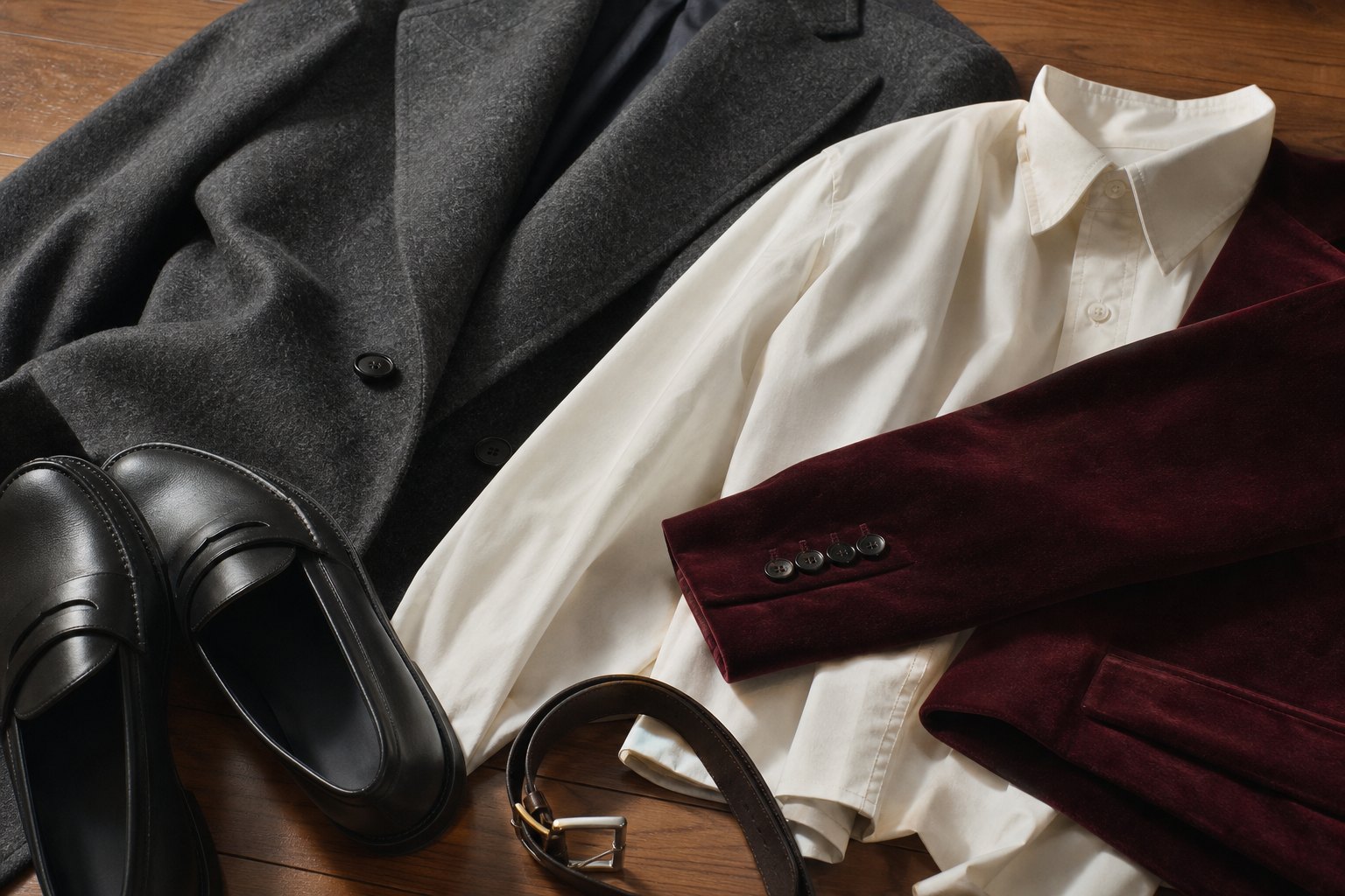 Fall 2026 fashion trend textures with charcoal wool, oxblood velvet, ivory poplin and black loafers