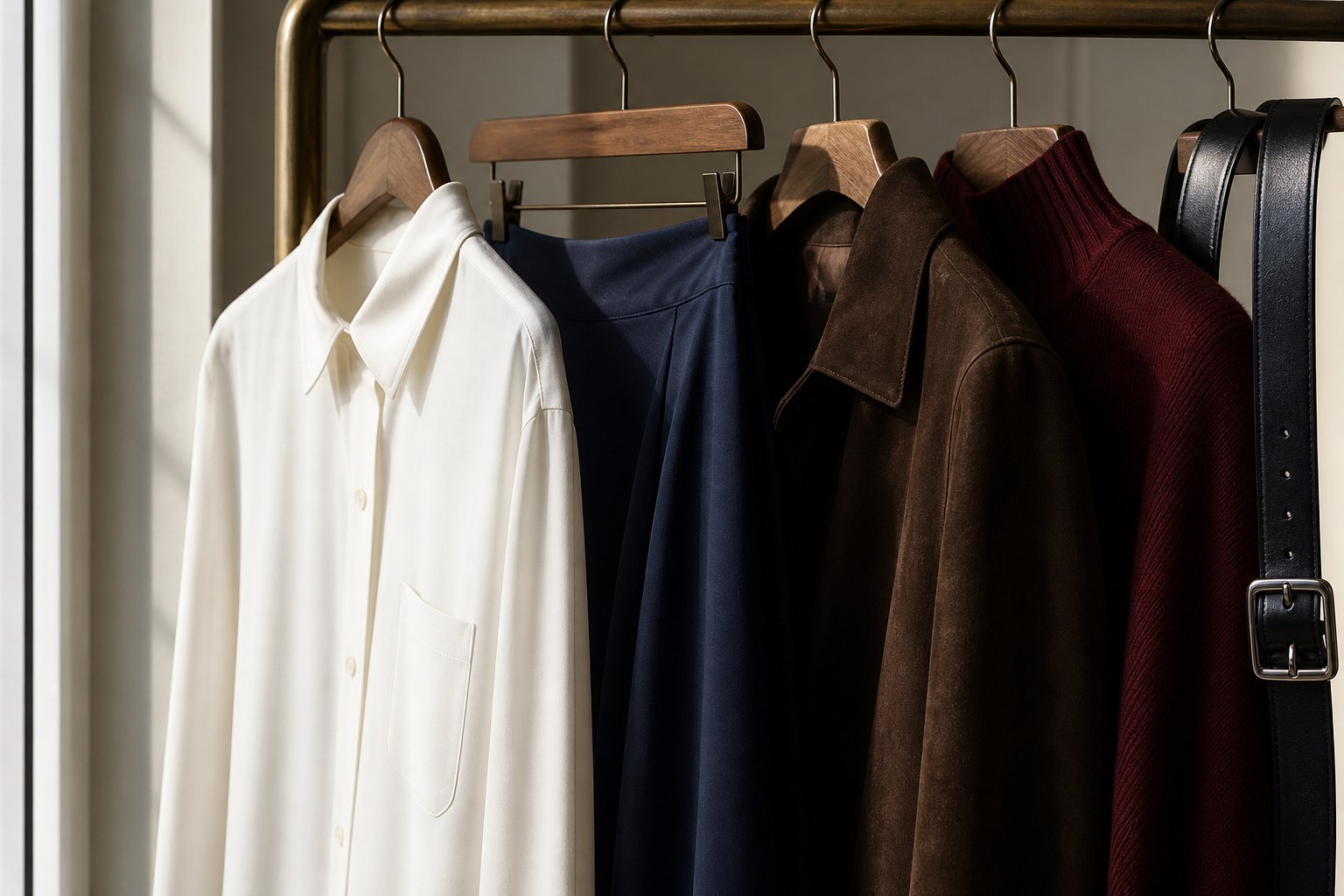 Fall 2026 wardrobe rail with ivory shirt, deep blue skirt, chocolate suede jacket and burgundy knit