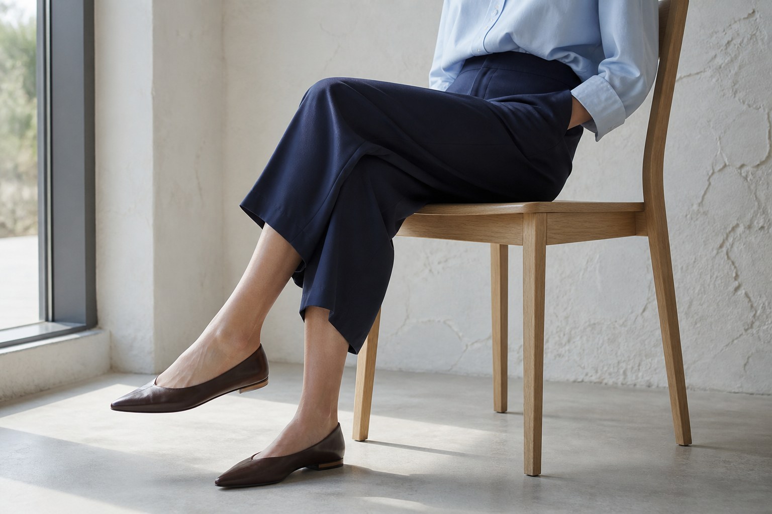 Deep navy fluid capri trousers with a pale blue cotton shirt and dark brown pointed flats beside a window