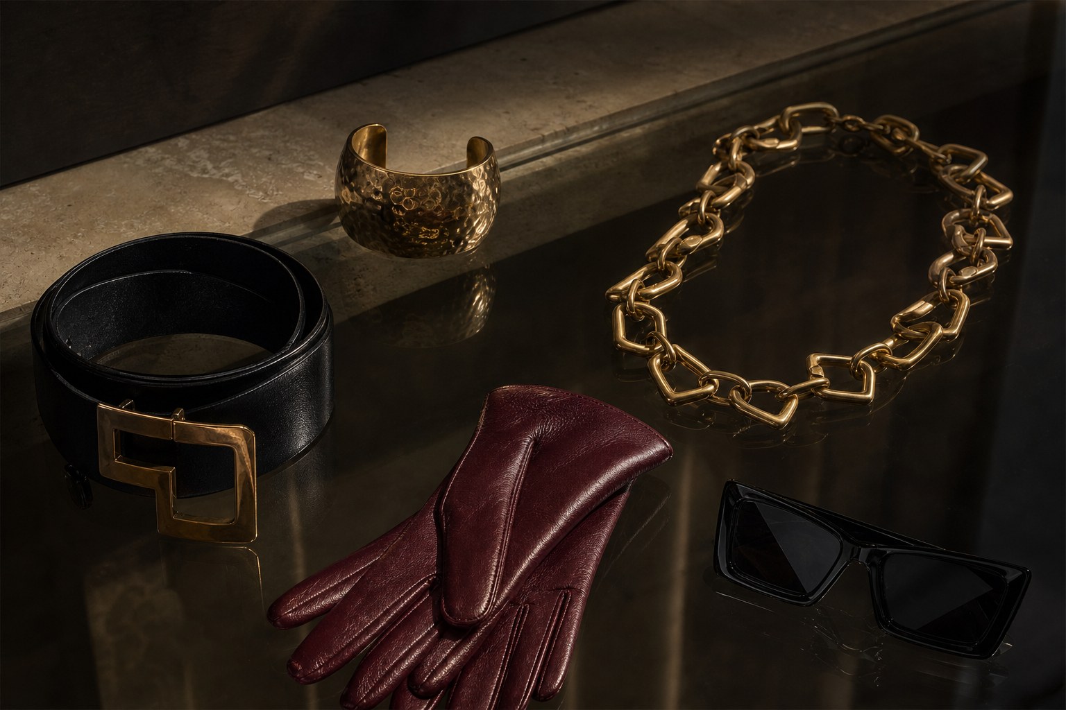 Hammered gold cuff, chunky chain, black belt, oxblood gloves and angular sunglasses