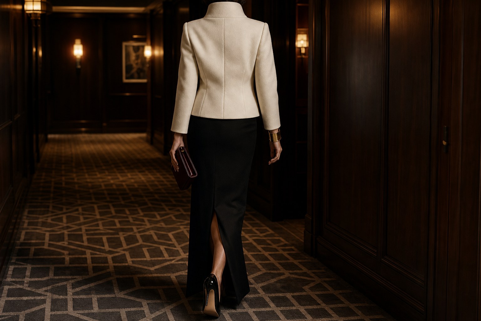 Faceless evening look with a cream funnel-neck jacket, long black skirt and gold cuff