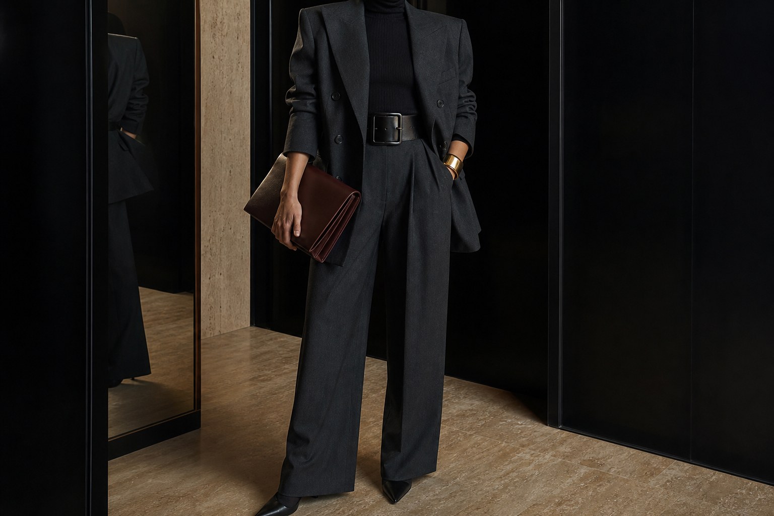 Faceless woman in a charcoal sculpted-shoulder suit, funnel neck, wide belt and gold cuff