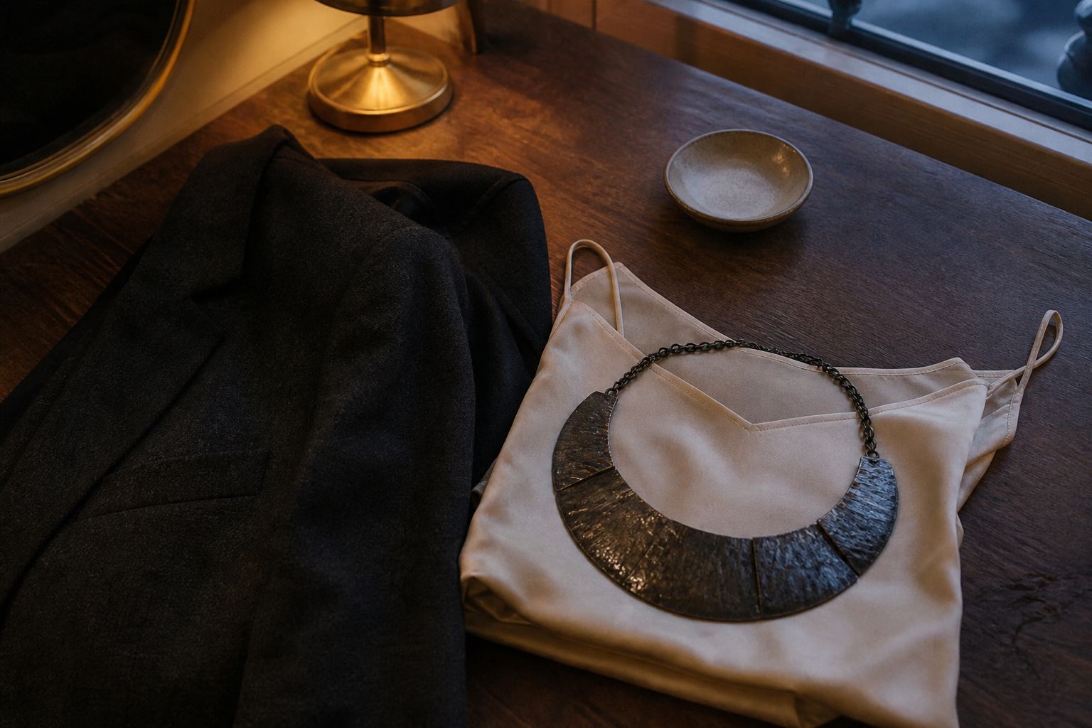 Black dinner jacket, ivory camisole and blackened metal bib necklace arranged as an evening outfit