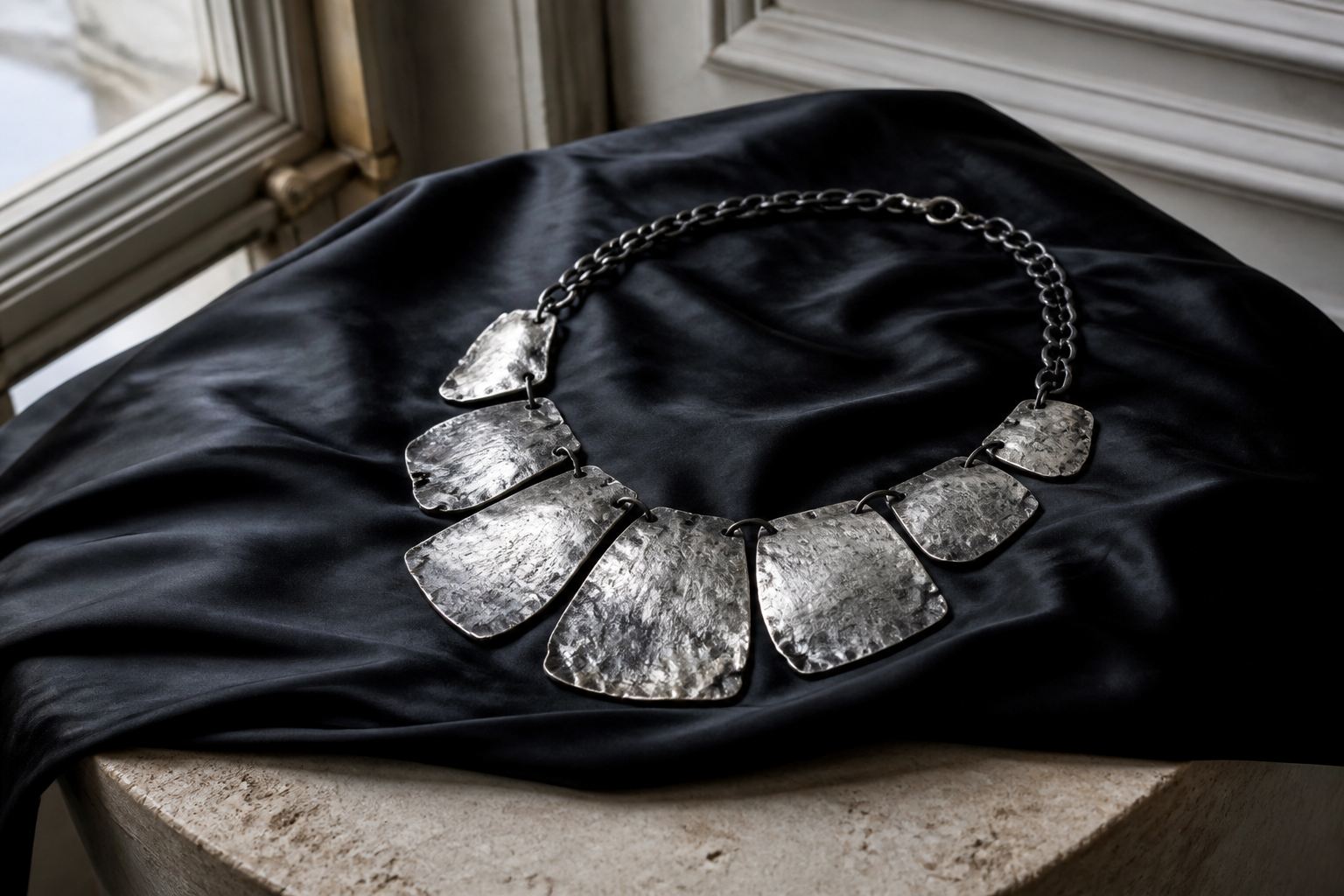 Hammered silver bib necklace arranged on black silk beside a pale travertine block