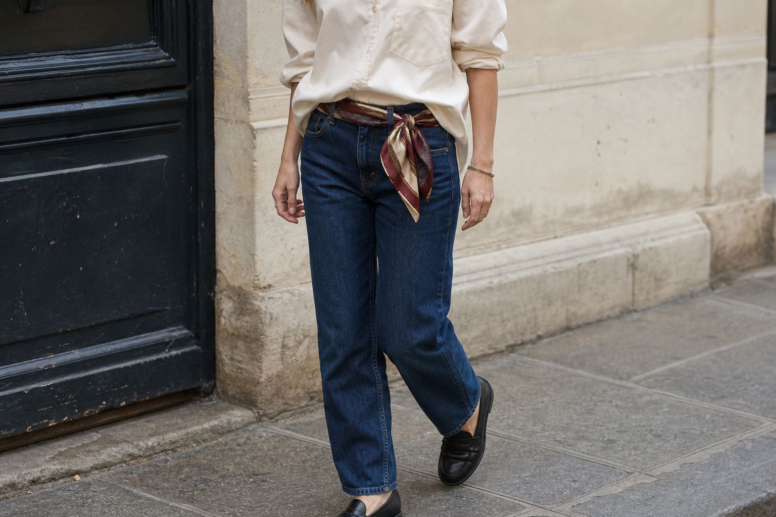 Faceless street-style outfit with an ivory shirt, dark jeans and a burgundy silk scarf tied through belt loops