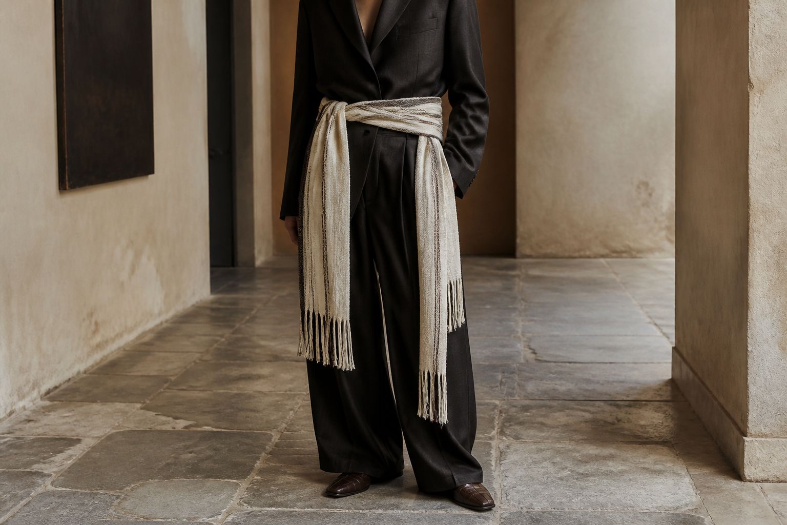 Faceless figure in black wool tailoring with a long ecru fringed scarf tied at the waist