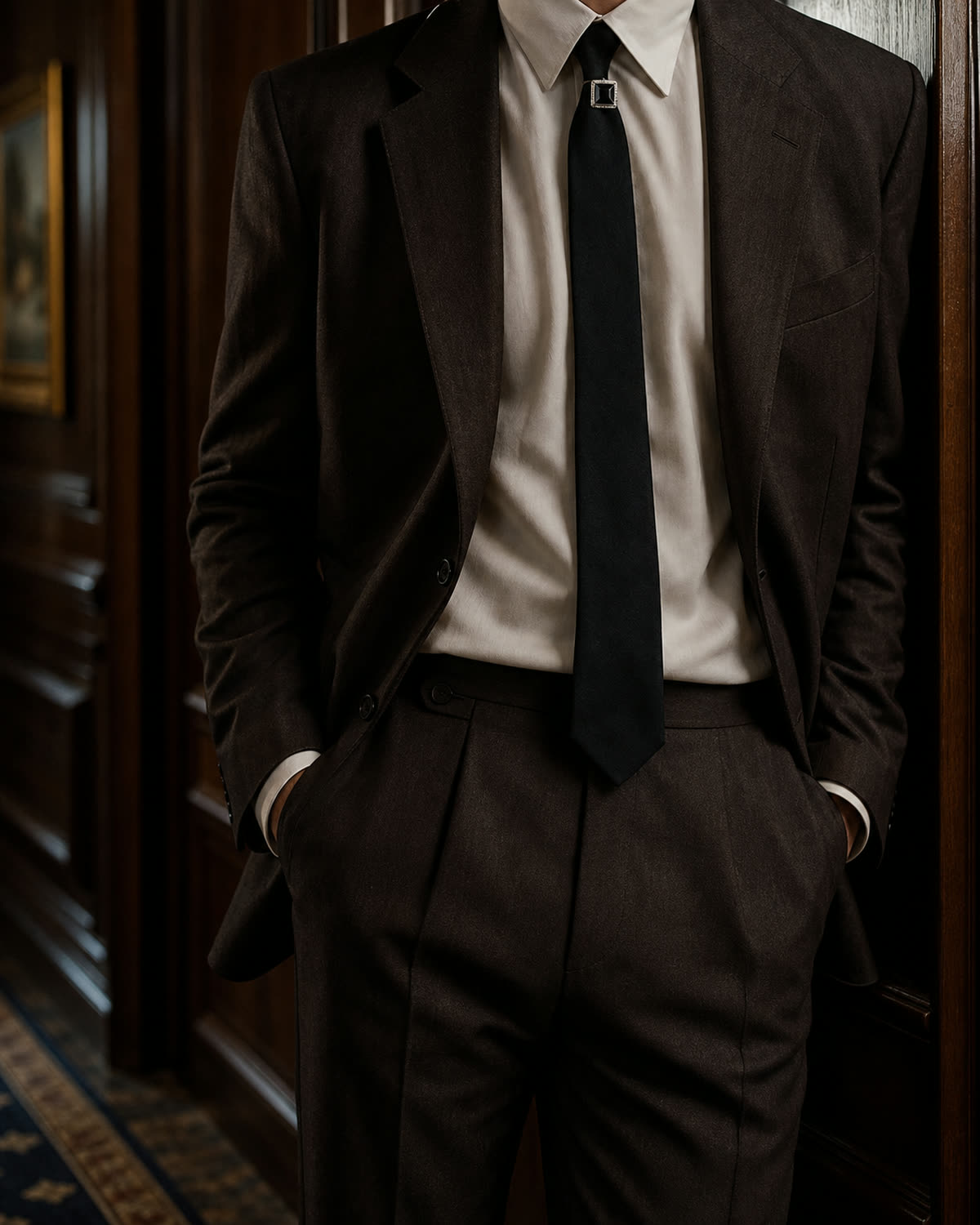 Square onyx brooch secured below a narrow black tie knot on a relaxed brown suit
