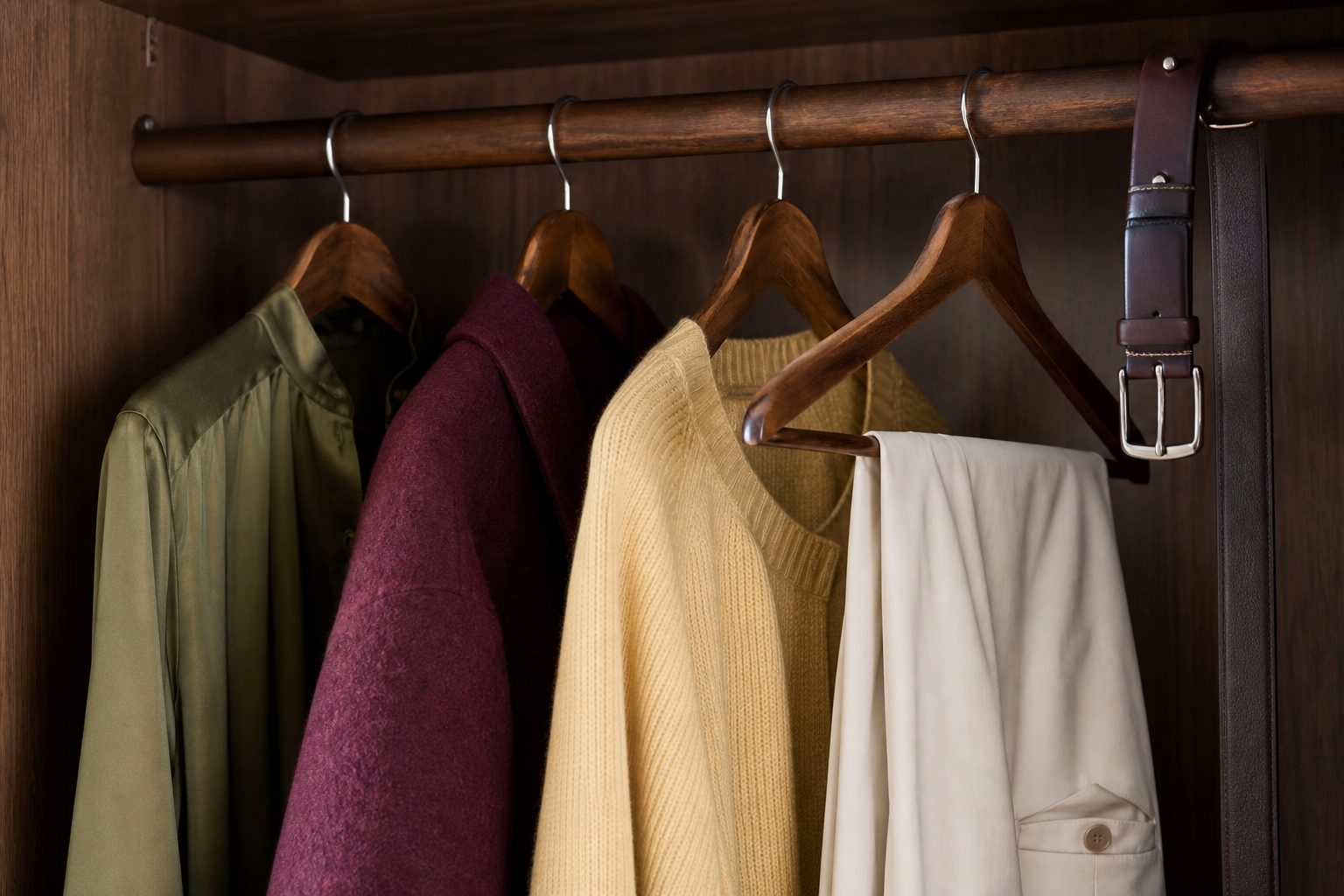 Wardrobe rail with olive, burgundy, butter yellow, ivory and chocolate clothes