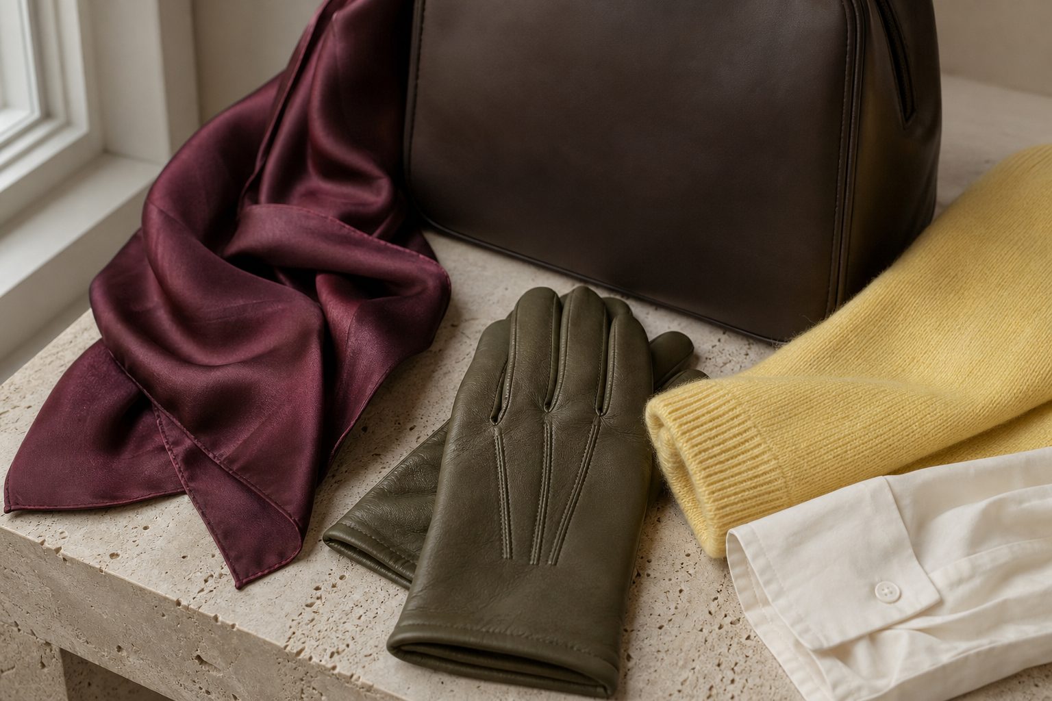 Colour styling still life with burgundy silk, olive gloves, butter knit and chocolate bag
