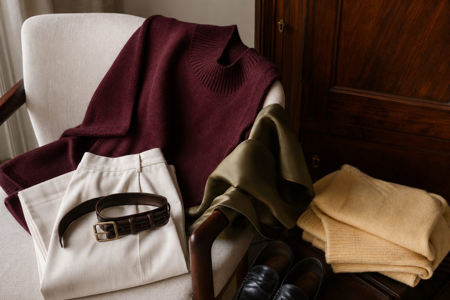 Cropped outfit with oxblood knit, ivory trouser and chocolate leather bag with no face visible