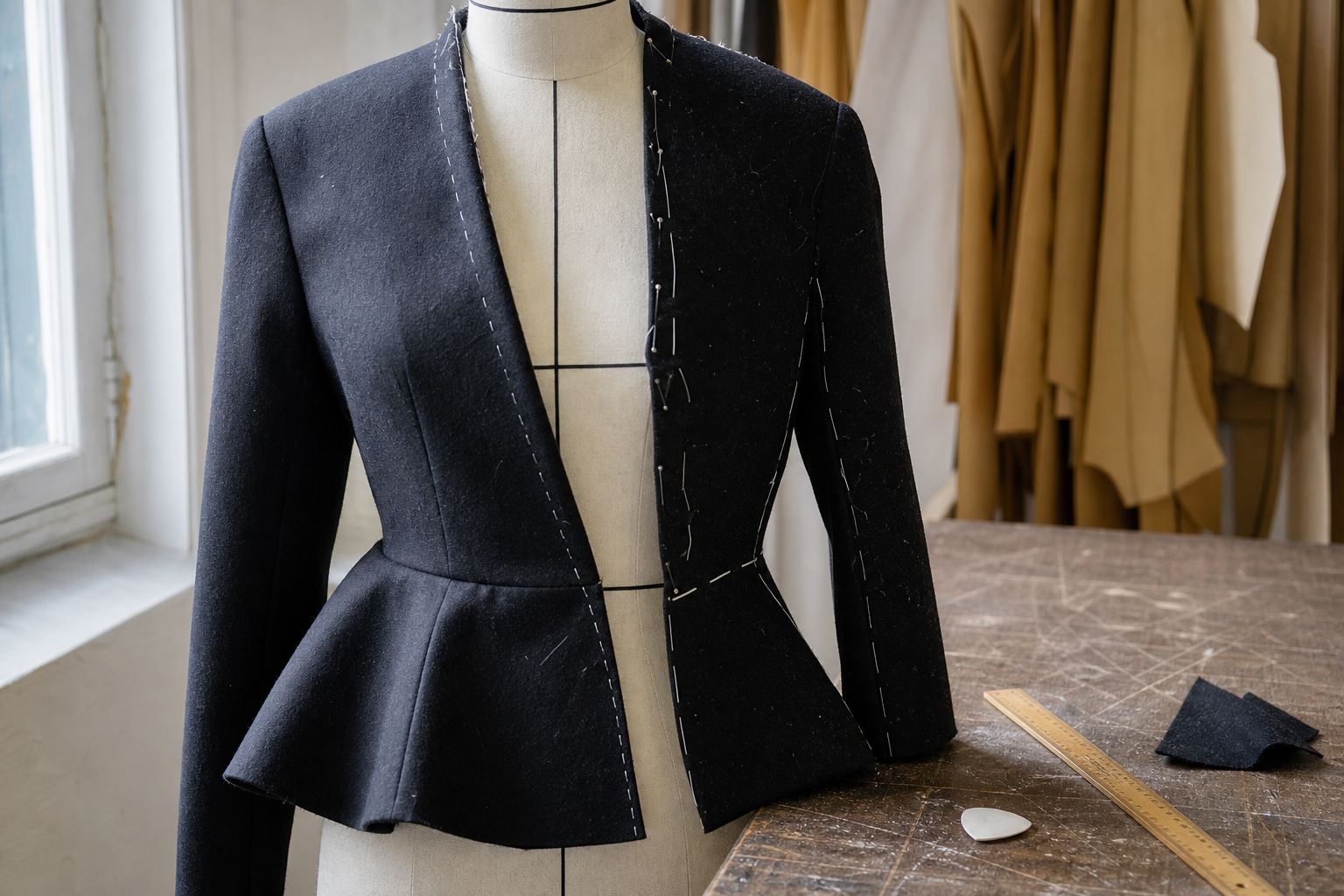 Headless dressmaker mannequin wearing a black wool peplum jacket in progress with visible basting stitches