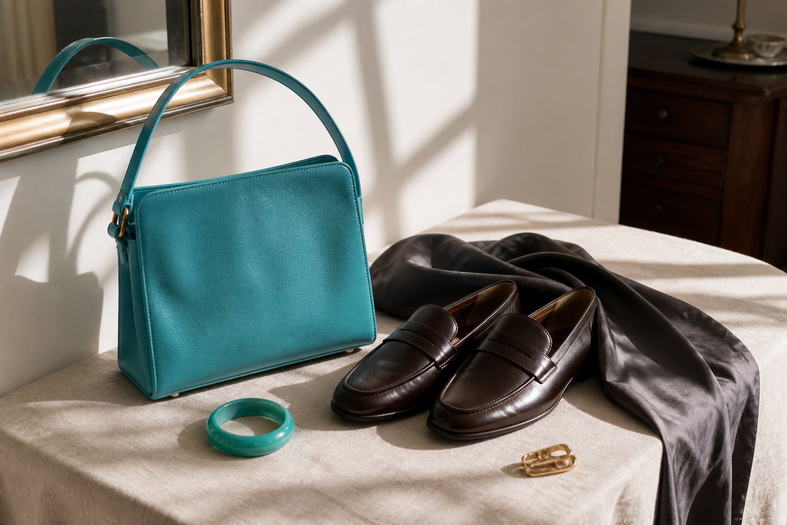 Structured turquoise leather bag with dark brown loafers, charcoal silk, a turquoise bangle and muted gold hardware