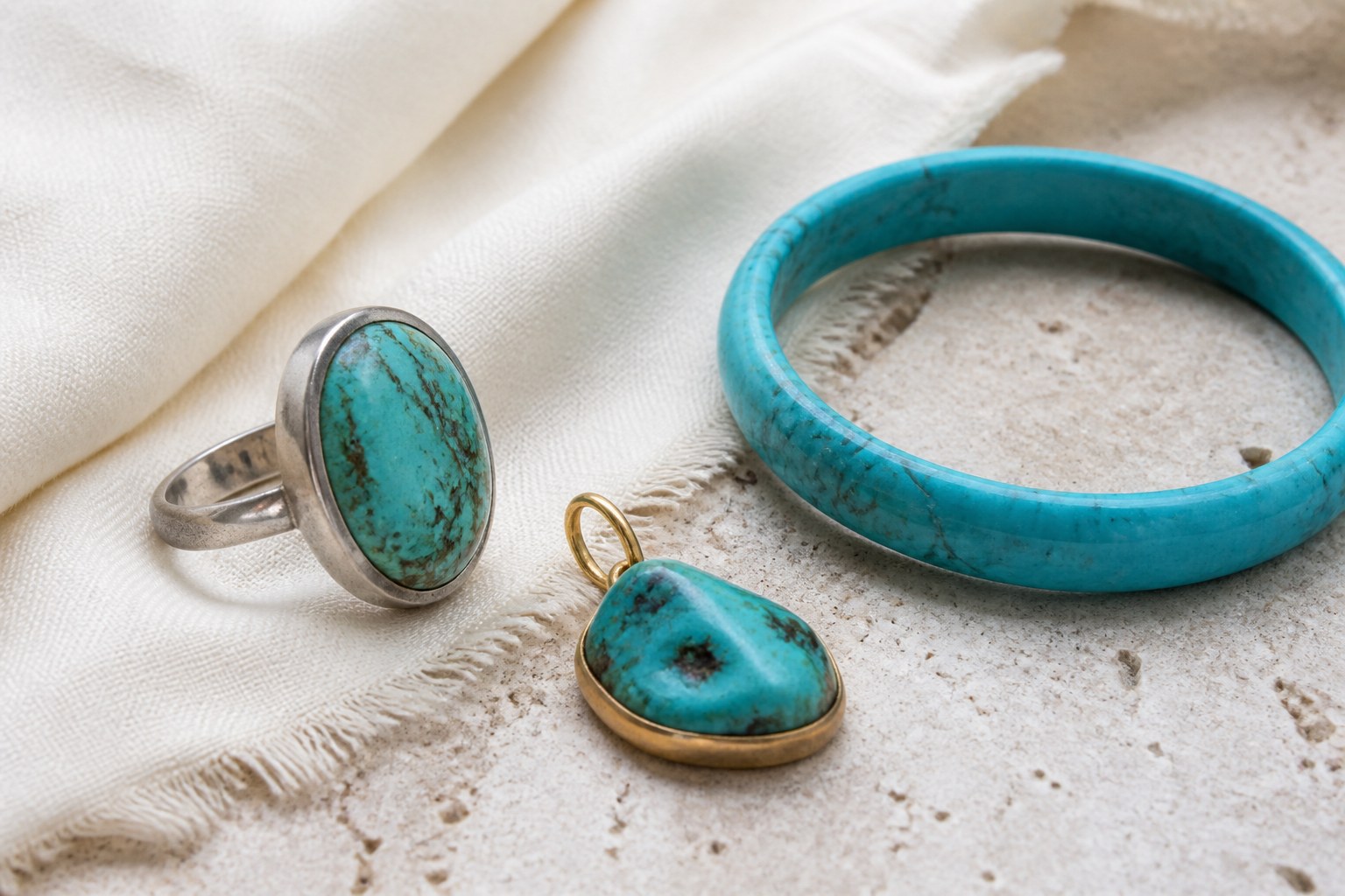 Natural turquoise cabochon ring and pendant with a turquoise-toned bangle on cream silk and pale stone