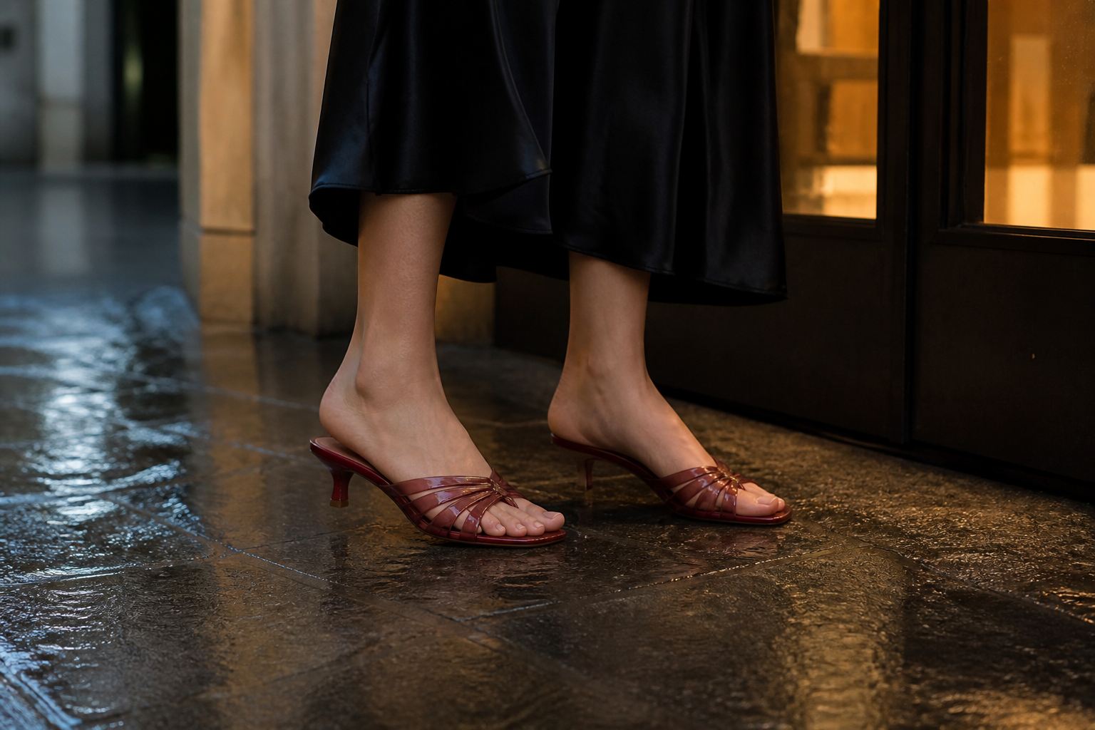 Burgundy translucent jelly kitten heels worn with a black satin midi skirt on damp pavement at blue hour