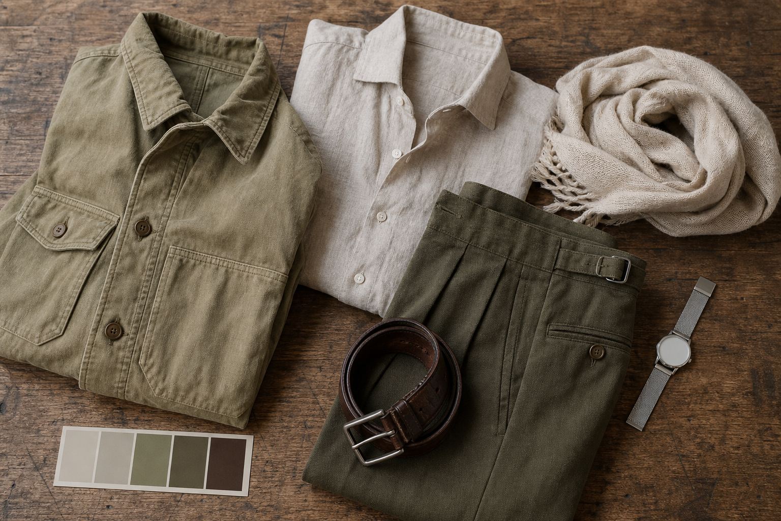 Khaki field jacket, sand linen shirt, olive pleated trousers and dark brown accessories arranged on an old oak table