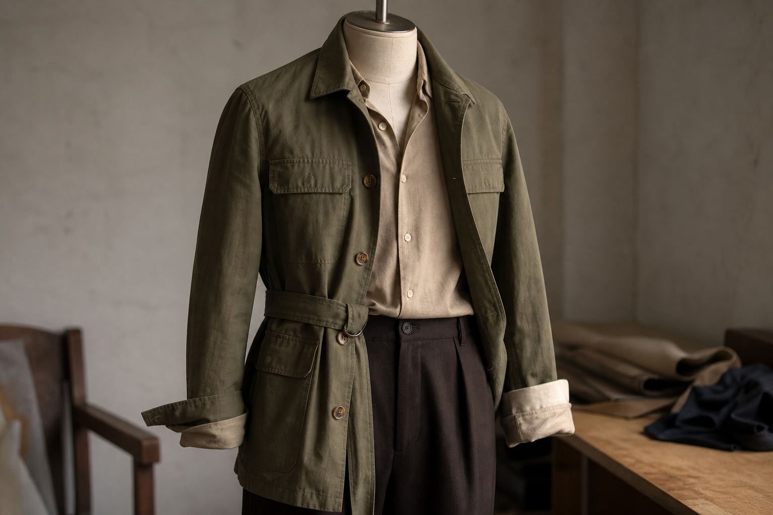 Headless dress form in a softly belted olive field jacket, sand silk shirt and dark chocolate pleated trousers