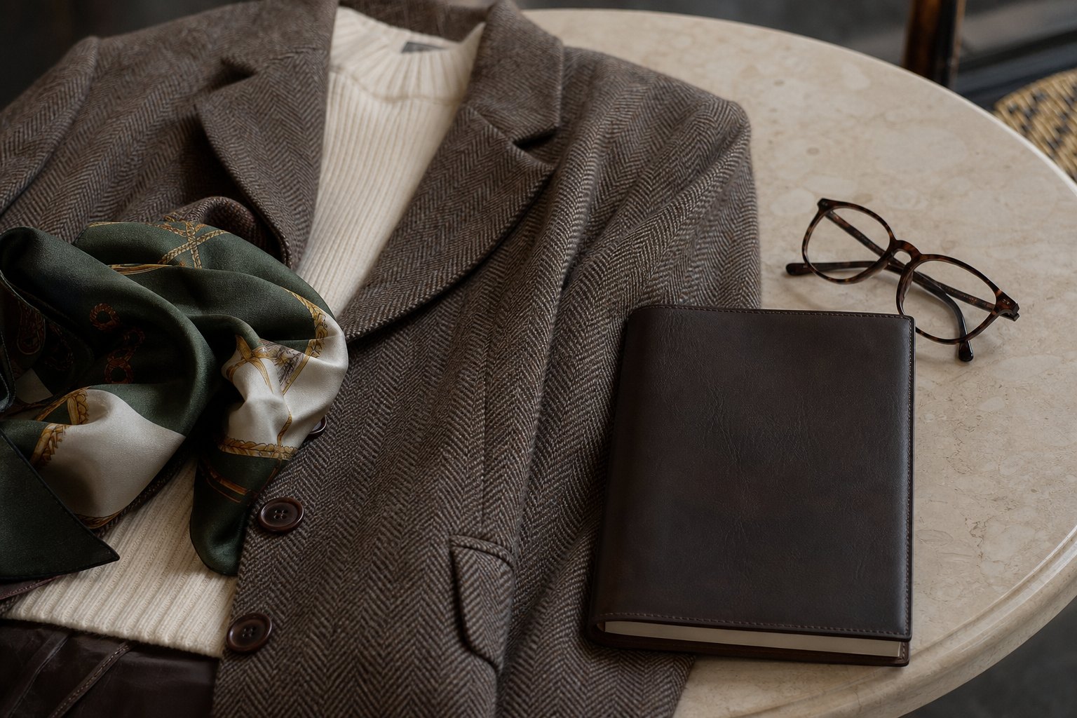 Literary chic cafe table with tweed blazer, cream knit, silk scarf, tortoiseshell glasses and dark notebook