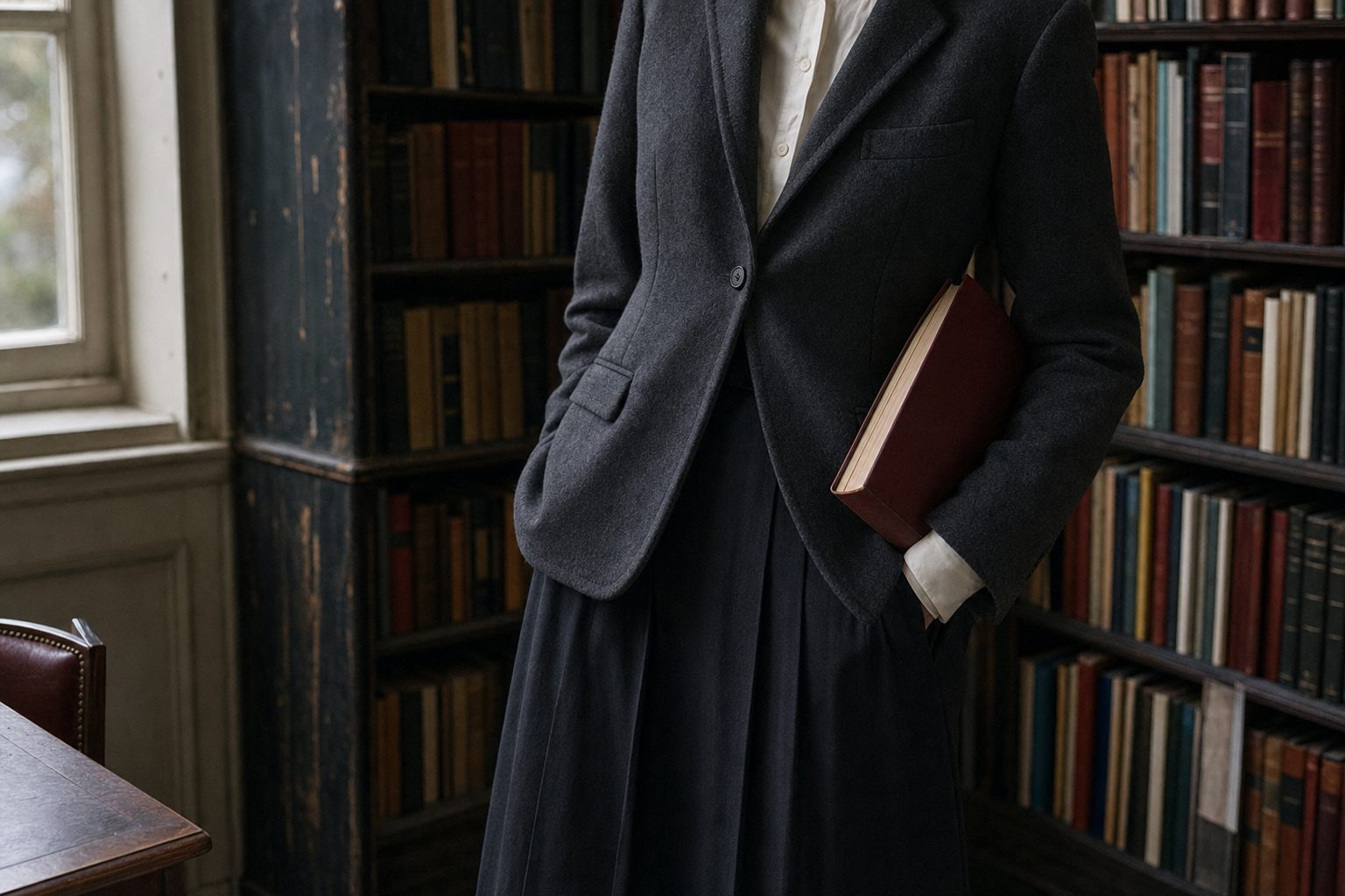 Cropped charcoal tailoring in an old library, with no face visible