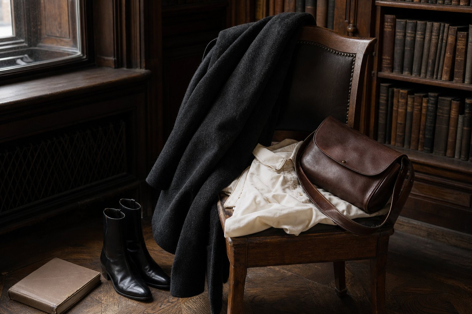 Literary chic outfit pieces with charcoal coat, cream shirt, leather satchel and black boots on a library chair