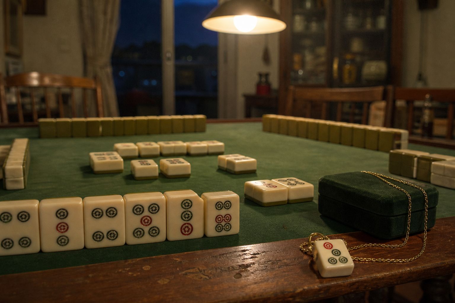 Family-style mahjong game at dusk with circle-suit tiles and a gold tile pendant beside a velvet box