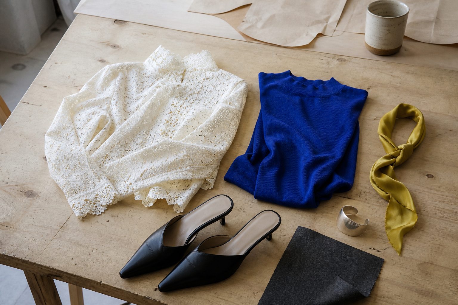 Ivory lace blouse, cobalt knit, mustard scarf, pointed black mules and silver cuff arranged on pale oak