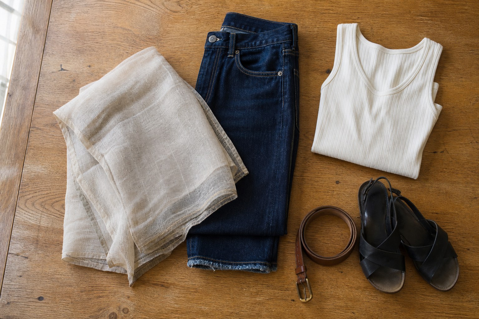 Sand-coloured sheer poncho folded beside dark denim, an ivory ribbed tank, leather belt and black sandals