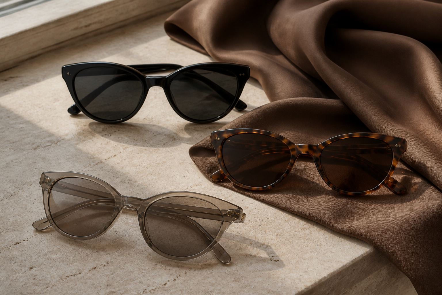Black, tortoiseshell and smoky taupe subtle cat-eye sunglasses arranged on travertine and brown silk