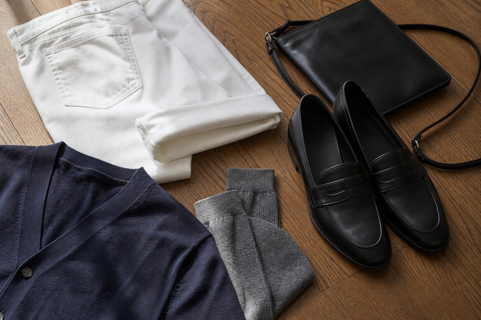 White denim, black loafers, grey socks, navy cardigan and leather crossbody bag