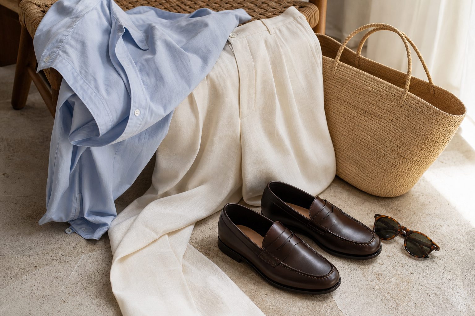 Cropped summer outfit with chocolate loafers, linen trousers and woven bag no face visible
