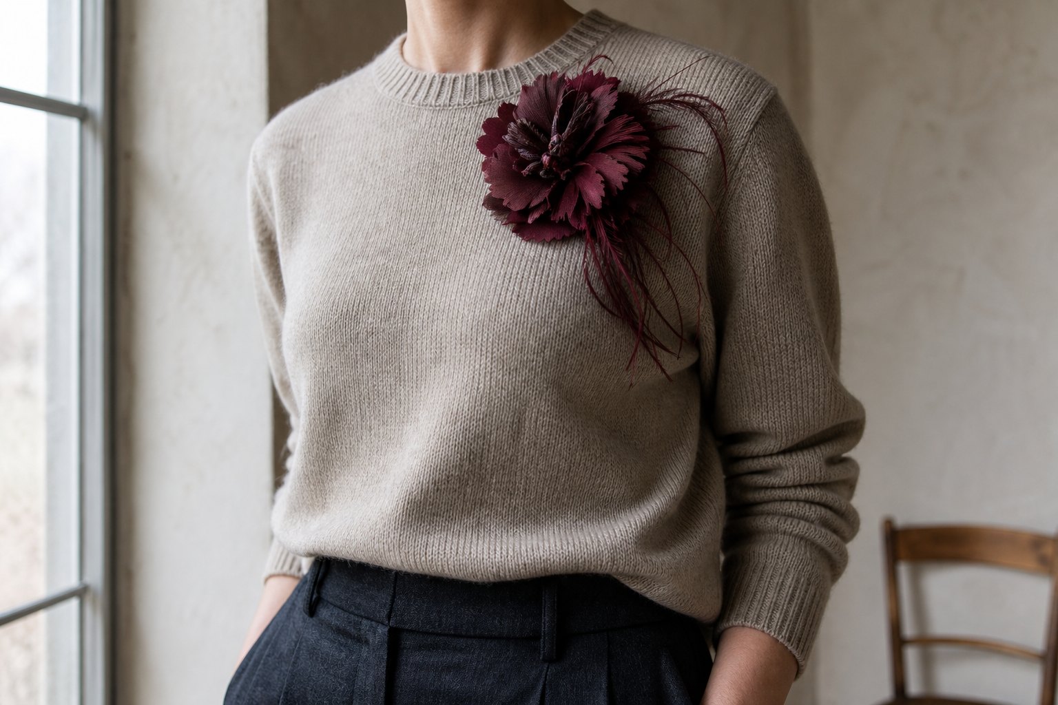 Large oxblood silk-and-feather brooch pinned high on a dense oatmeal crew-neck knit, cropped from neck to waist in soft window light