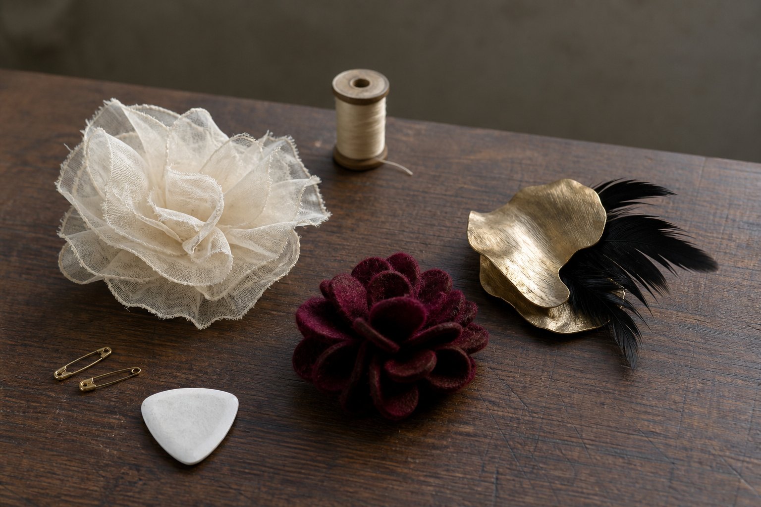 Ivory silk organza, burgundy felt, black feathers and a brushed-gold sculptural brooch arranged with pins and tailor's chalk on a dark worktable