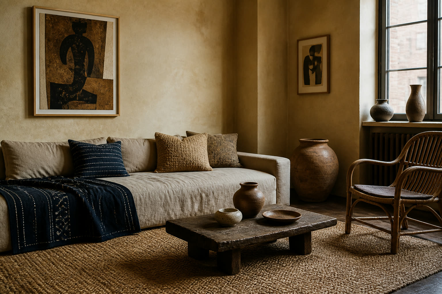 Warm living room with indigo textiles, a linen sofa, vintage rattan chair, hand-thrown pottery and abstract art