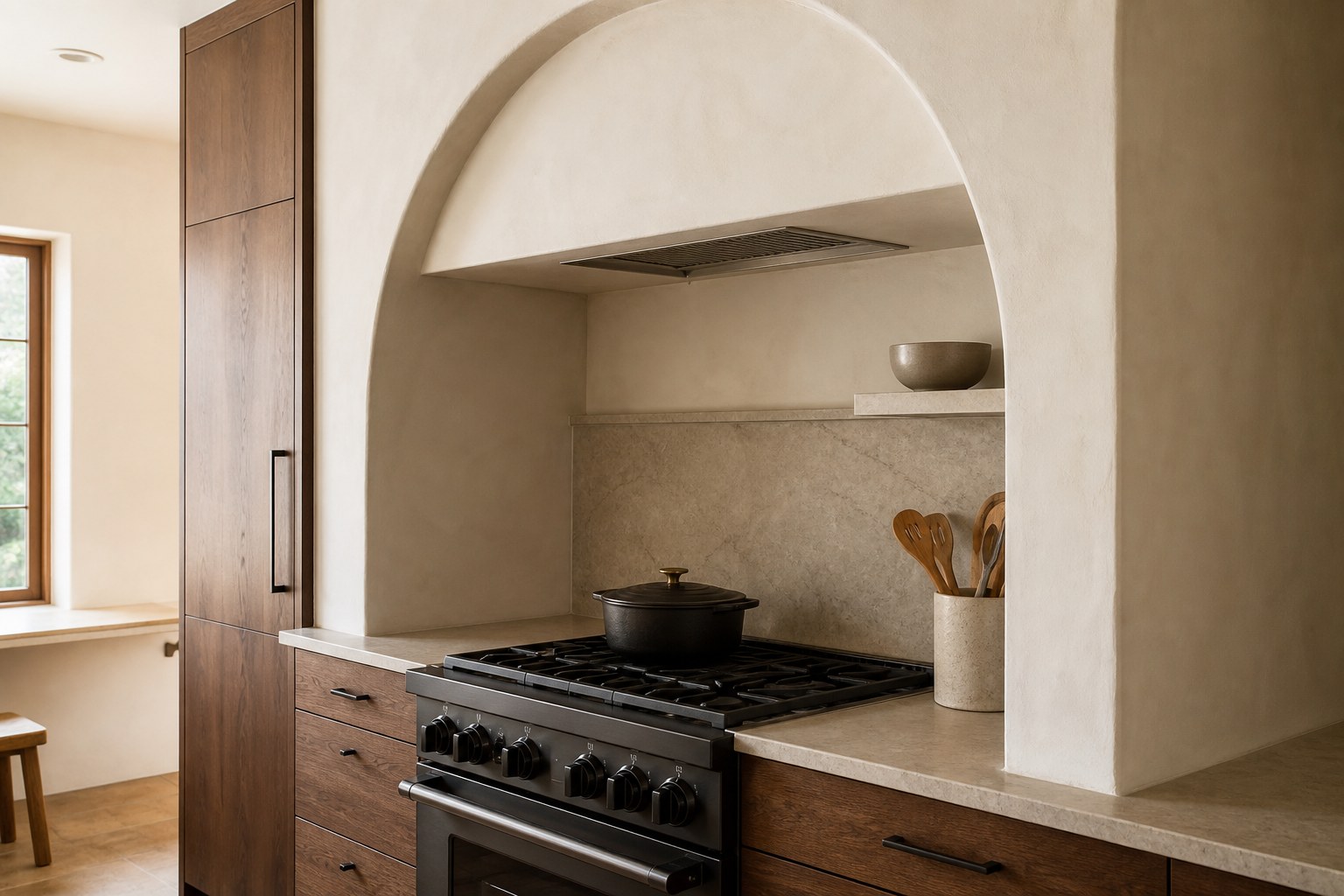 Compact kitchen with a shallow cream plaster hood arch, visible metal filter, walnut cabinets and pale stone backsplash